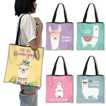 Cartone Animato Animale Pianta Alpaca Stampa Tote Borsa Donna Kawaii Lama Borse Grandi Capacità Shopping Bag Canvas Borse A Spalla Regalo