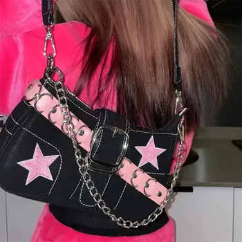 La Moda giapponese Fresco e al Buio Harajuku Stile Denim Borsa Stella Rosa Catena in Metallo Borsa Donna Borsa Sottobraccio Tote Bag Borse Borse a mano