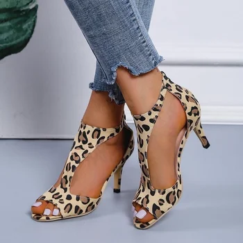 2023 estivi nuovi moda stiletto pesce sexy tacchi a spillo delle donne plus size stampa leopardo sacchetto chiuso toe tacco alto sandali tacco