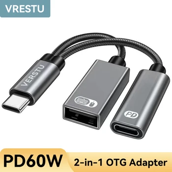 USB Type-C Hub USB-C a PD3.0 Adattatore USB 2.0 OTG Convertitore PD 60W per MacBook Pro/Aria/Huawei P50 S22 iPad Pro Mouse Tastiera del PC