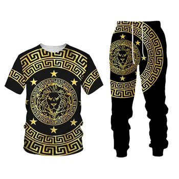 Nuovo Arrivo Leone men's T-Shirt+Pantaloni Lunghi della Tuta 2 Pezzi Set Stampa di Estate Manica Corta Pantaloni Street Unisex Vestiti