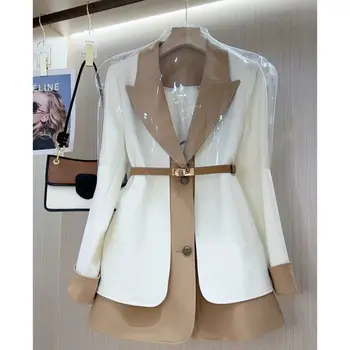 Di Lusso High-end Designer Chic francese Falso Due pezzo Vestito Giacca Manica Lunga Bianco Blazer Donne Trench Coat 블레이저