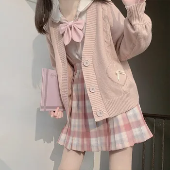 Anbenser Primavera in Giappone Kawaii Moda Rosa Cardigan Donna Vintage Coltura a Maglia Maglione Carino Fiocco Cuore coreano JK Scuola Coat