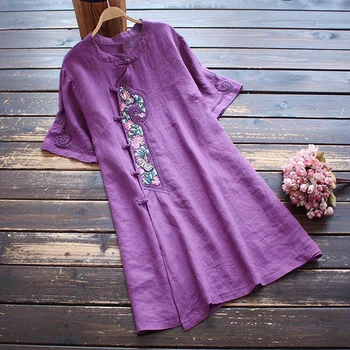 Retro Ricamo Qipao Camicia di Lino e Cotone Moda femminile Cinese in Stile Vintage Top Sciolto Tang Vestito Camicetta Orientale, Abbigliamento 4XL