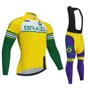 Brasile Team Pro Cycling Jersey, Uomini Manica Lunga abbigliamento sportivo Tuta all'Aperto in Sella a Bici MTB Bicicletta Abbigliamento Pantaloni con Pettorina Maillot