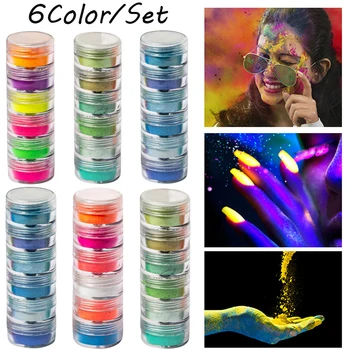 6Pcs/Set Neon Pigmento Chiodo Polvere Ombre del Chiodo di Scintillio di Polvere Fluorescente smalto Pigmento UV Gel Sinfonia Decorazione delle Unghie