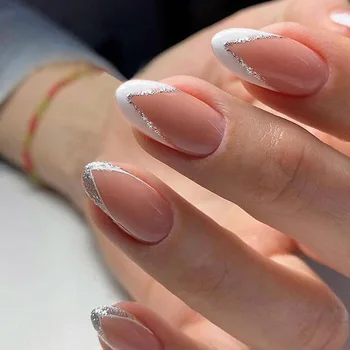 Premere sulle unghie 24pcs/scatola unghie finte french manicure testa ovale bianco e argento design del cerchio unghie artificiali con gelatina per le ragazze