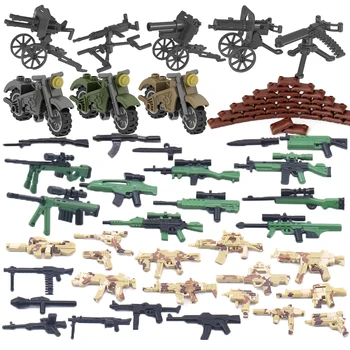 Militari Accessori Per Armi Blocchi Di Costruzione Soldati Attrezzature Di Artiglieria Sandbag Moto Camouflage Pistola Mattoni Giocattoli Per Bambini
