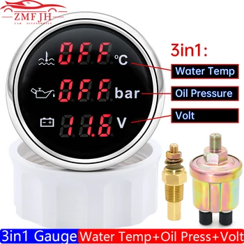 3 in 1 Digital 52mm Indicatore di Allarme 0~120℃ Temperatura Acqua+Olio Misuratore di Pressione+Voltmetro 0-10 Bar frantoio Sensore