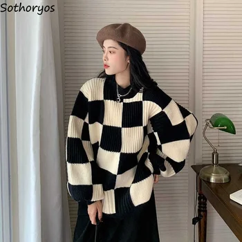 Vintage Nero Bianco Plaid Pullover Donna Streetwear Stile Coreano Allentato Quotidiana Accogliente Harajuku Maglioni Dolce Ragazza Cool Moda Nuovo