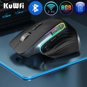 KuWFi Ricaricabile Wireless Mouse Silenzioso Gaming Mouse 2.4 G Bluetooth Mause Ergonomiche per PC Portatile 4000DPI, 9 Pulsante RGB Topi