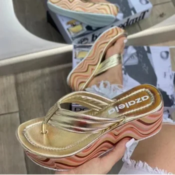 Donna Zeppa Piattaforma Pantofole 2023 Estate la Moda di Colore di Spessore Inferiore Infradito Scarpe donna Lusso Sandali Zapatos De Mujer