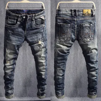 Italiano Vintage Moda Uomo Jeans Retro Nero Blu Stretch Slim Jeans Strappati Uomini Ricamo Patch Designer Casual Pantaloni Denim