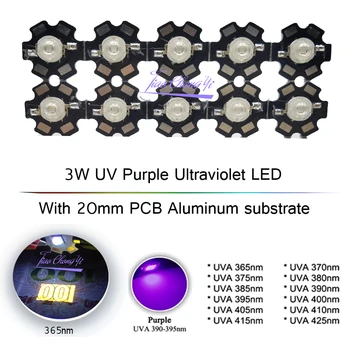 3W UV Viola LED Ultravioletti Lampada delle Lampadine Chip 365nm 375nm 380nm 385nm 395nm 405nm 410nm 420nm con 20 mm del PWB di Alluminio del substrato
