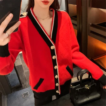 Contrasto di Colore del Cardigan delle Donne Allentato Pigro Casual Maglione Rosso Cappotto collo a V a righe 2023 Autunno Inverno Tasche Femminile