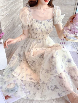 Zoki Elegante Floreale Chiffon Party Dress Moda Donna Con Maniche A Sbuffo In Una Linea Midi Dress Dolce Piazza Colletto Coreano Femminile Vestidos