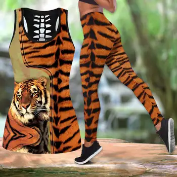Potente Tigre 3D in Tutto Stampato Hollow Tank Top e Leggings Set Fitness Femminile Piena Lunghezza Leggings Pantaloni in Esecuzione DDK57