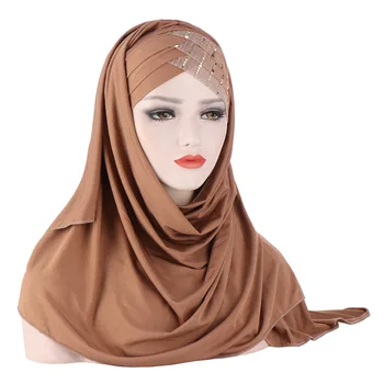 2021 musulmani sciarpa di cotone normale hijabs con cordone di scialli e avvolge femme musulman hijab pronto a indossare il turbante donna foulard
