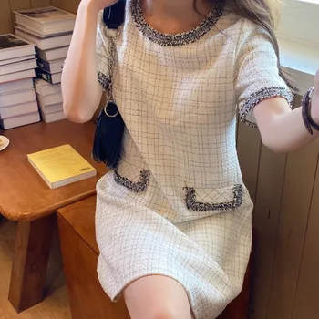 Gkyocq Traf Elegante Francese Di Un Pezzo Sunmmer Vestito Per Le Donne Abito Di Tweed Di Un Abbigliamento Comodo Corea