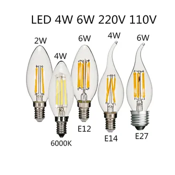 10PZ Lampadina LED C35 E14 E12 E27 220V 110V Dimmerabile 2W 4W 6W Design a Risparmio Energetico Candela Bianco Caldo Filamento di Luce a 360 Gradi della Lampada