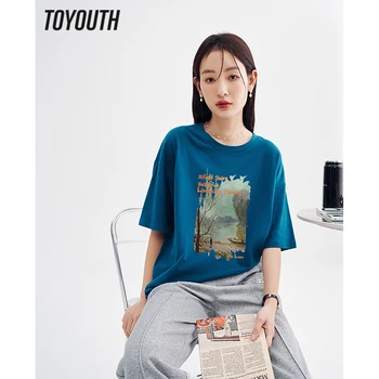 Toyouth T-shirt Donna 2023 Estate Short Sleeve O Collo Sciolto Tees Paesaggio Dipinto ad Olio 100% Cotone Casual e Versatile Top