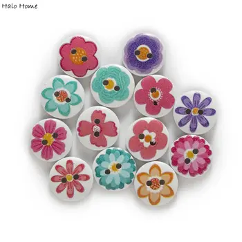 50pcs Tema floreale Riccamente Colorato Mix di Legno Tondo Bottoni da Cucire Scrapbooking Abbigliamento Mestieri Artigianali Accessori 15mm