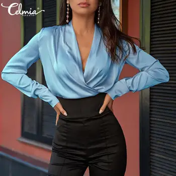 Le Donne Camicette Di Raso Elegante Slik Shirt Celmia Sexy V-Collo Manica Lunga Shirt Primavera Autunno Casual Top Office Blusas Femininas