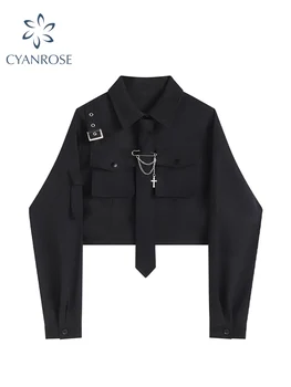 2022 Donne Camicette Punk Harajuku Streetwear Nero Casual Gotico Cravatta Camicetta Vintage Manica Lunga Sciolto Turn Down Collar Shirt Top