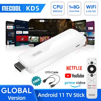 MECOOL KD5 Android 11 TV Stick con Amlogic S805X2 BT 5.0 WiFi 2.4 G/5G 1+8G Con Certificato di Google Molto Veloce Mini Media Player