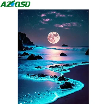AZQSD Diamante Pittura Novità 2023 Luna, Paesaggio marino Ricamo Notte, Paesaggio a Mosaico, Decorazioni per la Casa Piena Piazza Rotonda Trapano