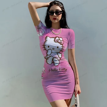 2023 Nuove Donne di Estate Manica Corta Stampa di Hello Kitty Slim Aderente Boho Cartoon Mini Cocktail Party Beach Dress Vendita Calda