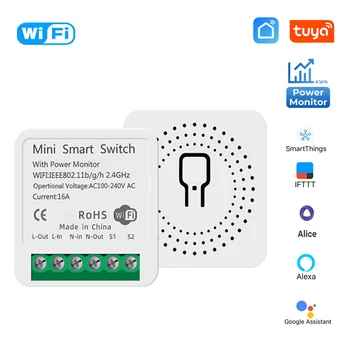 Tuya Wifi Mini Smart Switch a 2 Vie Wireless 16A Interruttori di Alimentazione del Monitor Smart Home di Controllo Tramite Smart Vita Alexa Alice di Casa Google