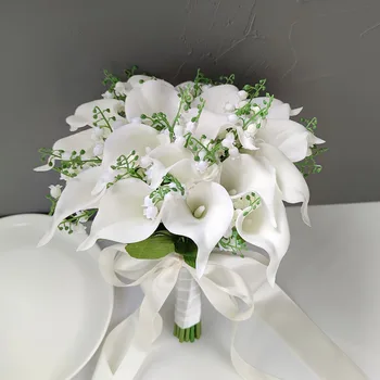 Bianco da Sposa Bouquet da Sposa Damigella d'onore per la Calla Fiori di Plastica Artificiale Nastro Grande Mariage Bouquet da Sposa Accessori