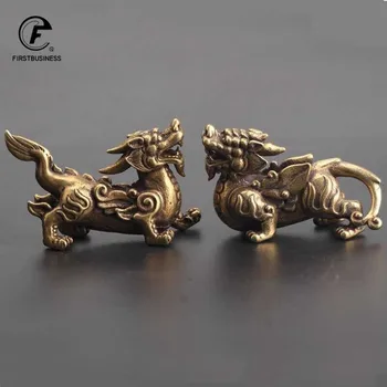 Rame Antico Cinese Mitica Bestia Pixiu Figurine In Miniatura 1 Paio Di Ornamenti In Ottone Animale Fortunato Qi Lin Desktop Decorazioni