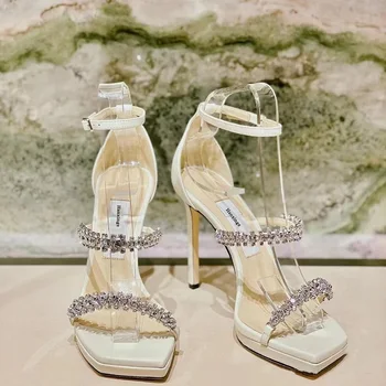 Estate nuovo cristallo testa quadrata di spessore piattaforma sandali sottile tacco alto banchetto abito versatile moda diamante catena di donne sandali