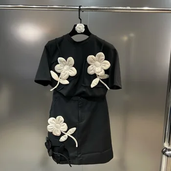 PREPOMP 2022 Estate Short Sleeve O Collo Appliques Nero Sciolto T-Shirt Mini Gonna a Due Pezzi delle Donne Abiti GF866