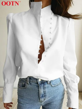 OOTN Elegante Dolcevita Bianco Donna Camicetta Moda Office Manica Lunga Shirt Femminile Monopetto Maniche a Sbuffo Top 2023 Primavera