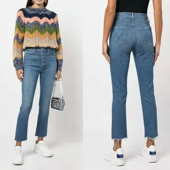 Donne a vita alta, monopetto pantaloni denim lady slim straight jeans alla caviglia-lunghezza dei jeans