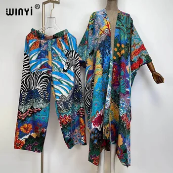 WINYI 2021 due pezzi vestito Boho Stampato kimono verano Manica a Pipistrello sukienka Donne Elastico di Seta di Lunghezza del Pavimento Nuova Moda kaftan