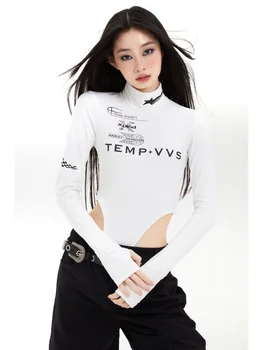 Hikigawa Chic Moda Donna Americana Y2k Tuta Di Stampa Lettera Body Hollow Mock Neck T-Shirt Slim Long Sleeve Top Mujer
