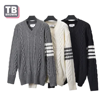 TB BROWIN uomo maglione girocollo v collare di Thom Britannico a strisce 4-bar di lana marca a fondo pullover di lusso