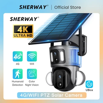 SHERWAY 4K 4G Solare di Sicurezza di Fotocamera da 8 megapixel con Obiettivo Doppio Schermo all'Aperto senza fili di WiFi del Pannello Solare PTZ Videosorveglianza Webcam Motion Dection Cam