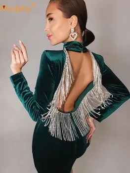 Backless Sexy Diamante Fiocco di Velluto Vestito Donna Manica Lunga Aderente Mini Club Celebrità Serata Vestidos 2022 in Inverno Nuovo