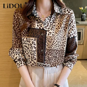 2022 Primavera Nuovo Leopard Patchwork Stampa Camicia In Raso Di Donne Di Stile Coreano Collo A Polo Maniche Lunghe Bluse Eleganti Di Moda Casual Top