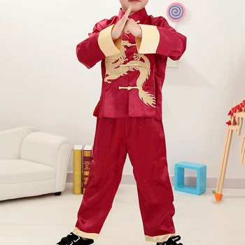 Raso Bambini Ragazzo Tang Tuta Vintage Ricamo Drago di Kong Fu di Abbigliamento Cinese Mandarino Collare Casual 2PCS Shirt e Pantaloni