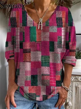 Retro Collo a V t-shirt Donna Autunno con Stampa Geometrica Shirt Top Manica Lunga Vintage Tee Femmina Abiti larghi Streetwear Tshirt