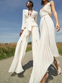 Di ALTA QUALITÀ, Nuova 2023 Fashion Designer Suit Set Donna Allacciatura Cintura di Blazer a Pieghe Zip Pantaloni 2pcs Set