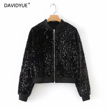 2022 Autunno nero di paillettes giacca donna cappotti e giacche donna bomber jacket manica lunga cerniera vintage casual coreano streetwear