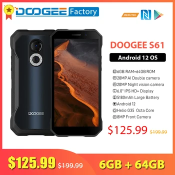 Doogee S61 Smartphone 6GB 64GB Android 12 IP68 Impermeabile del Telefono Mobile 5180mAh Batteria 6.0 Pollici 20MP Macchina fotografica di Visione Notturna