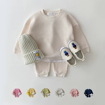 2023 coreano Bambino Cotone Kintting Set Abbigliamento Finto Due pezzi Cialda di Cotone Bambini Ragazzi Ragazze Vestiti Set Tuta Top+Pantaloni